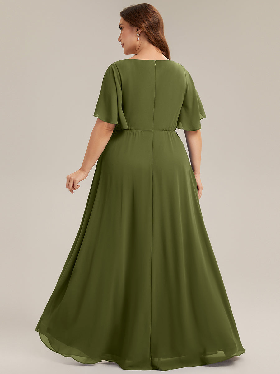 Robe longue à manches à volants décolleté en V profond avec appliques coupe évasée #Couleur_Vert Olive