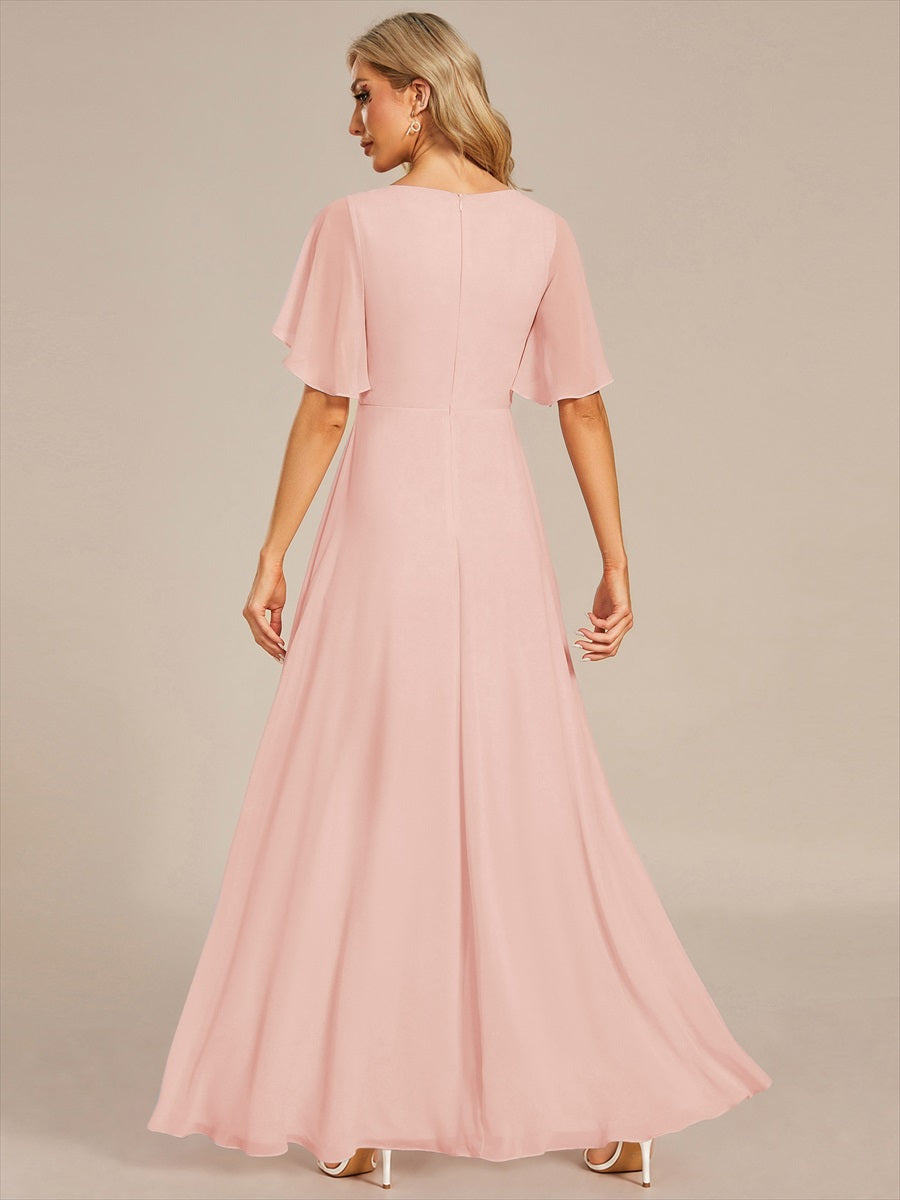 Robe de soirée élégante en mousseline de soie avec manches flottantes#Couleur_Rose