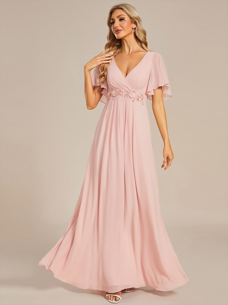 Robe de soirée élégante en mousseline de soie avec manches flottantes#Couleur_Rose