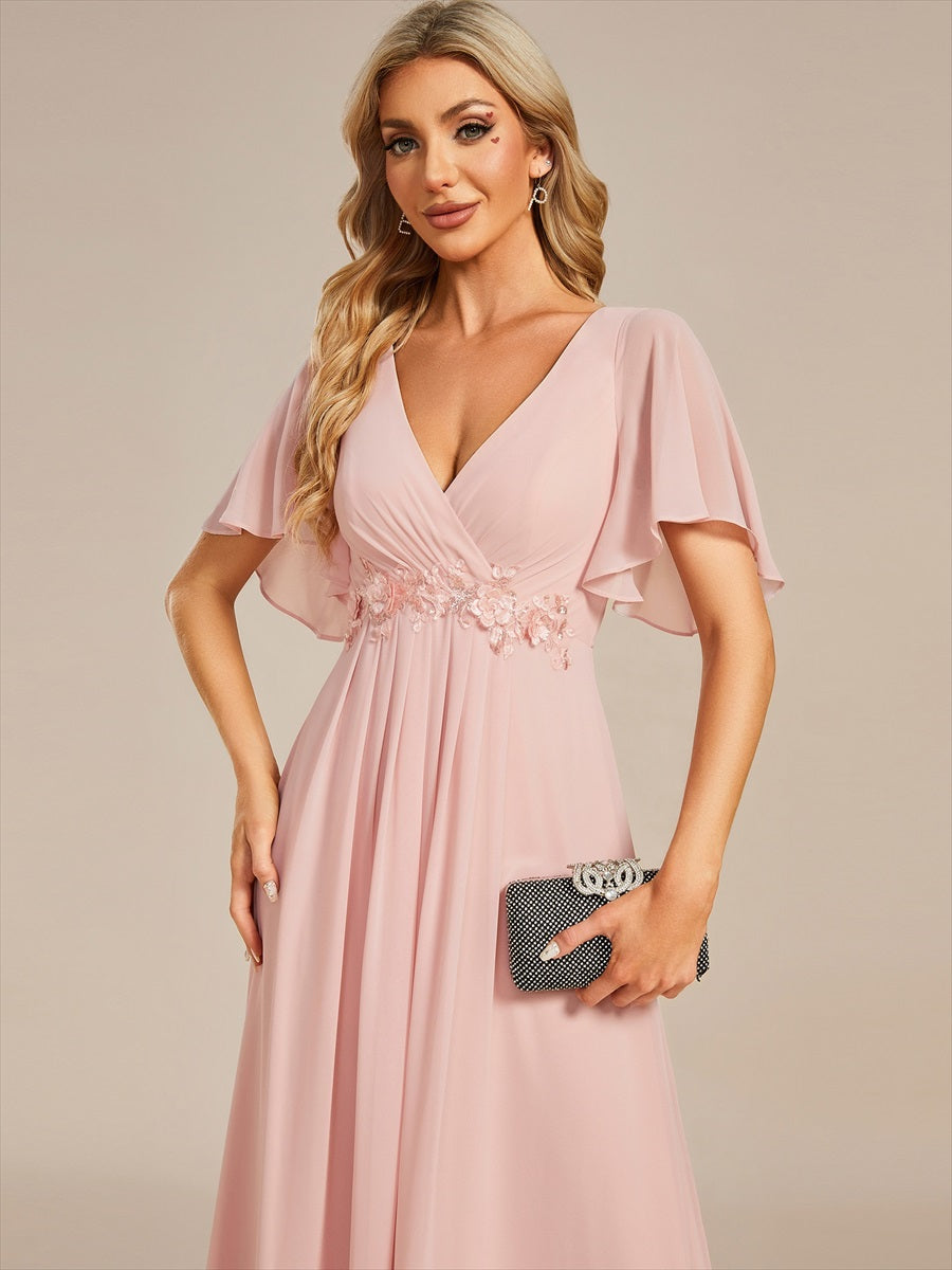 Robe de soirée élégante en mousseline de soie avec manches flottantes#Couleur_Rose