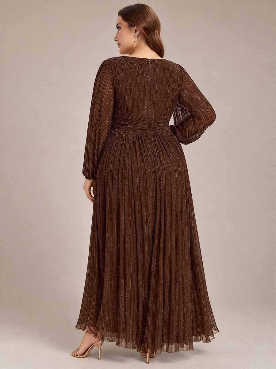 Robe de soirée trapèze à manches longues et taille empire scintillante #Couleur_Marron chocolat