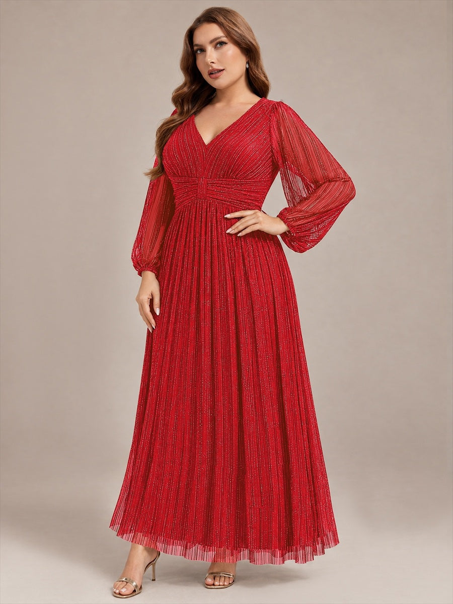 Robe de soirée trapèze à manches longues et taille empire scintillante #Couleur_Rouge