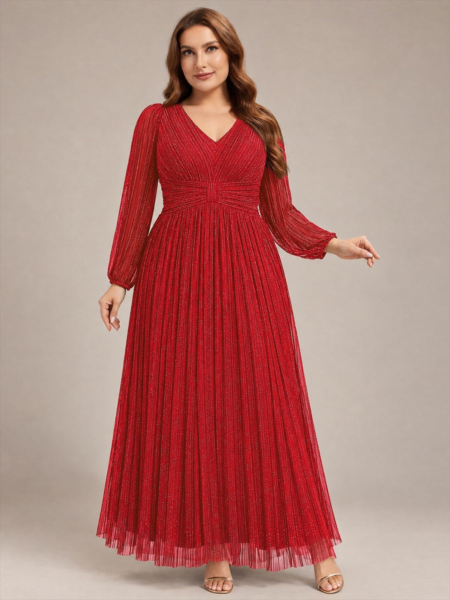Robe de soirée trapèze à manches longues et taille empire scintillante #Couleur_Rouge