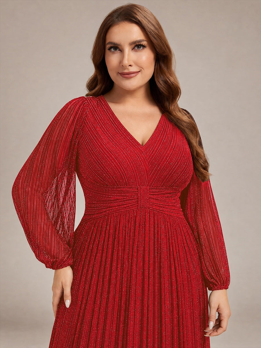 Robe de soirée trapèze à manches longues et taille empire scintillante #Couleur_Rouge