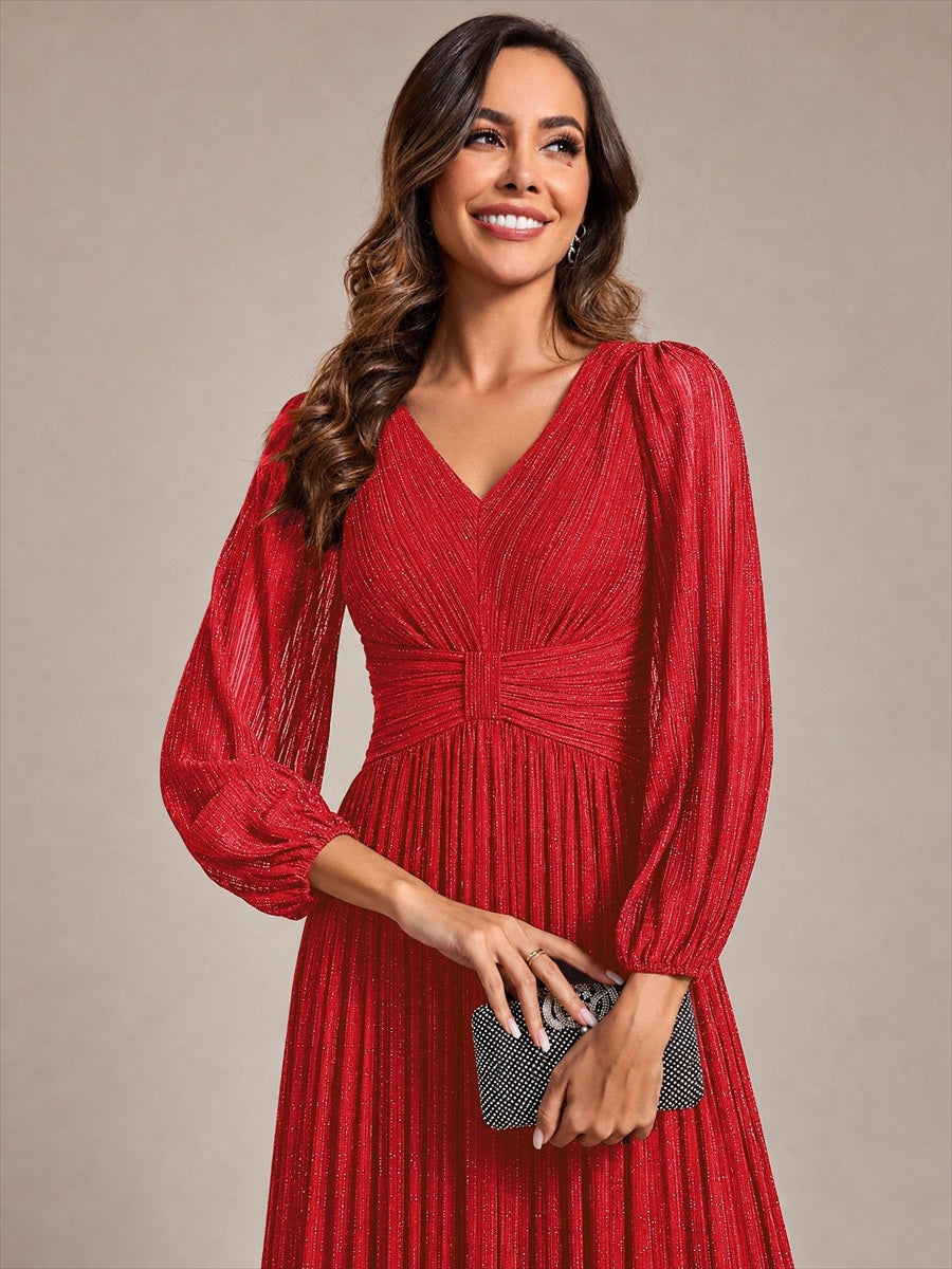 Robe de soirée trapèze à manches longues et taille empire scintillante #Couleur_Rouge