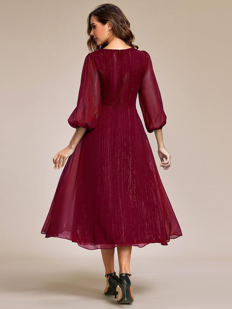 Robe de soirée trapèze scintillante à manches longues et col en V en mousseline de soie avec n?ud torsadé #Couleur_Bordeaux