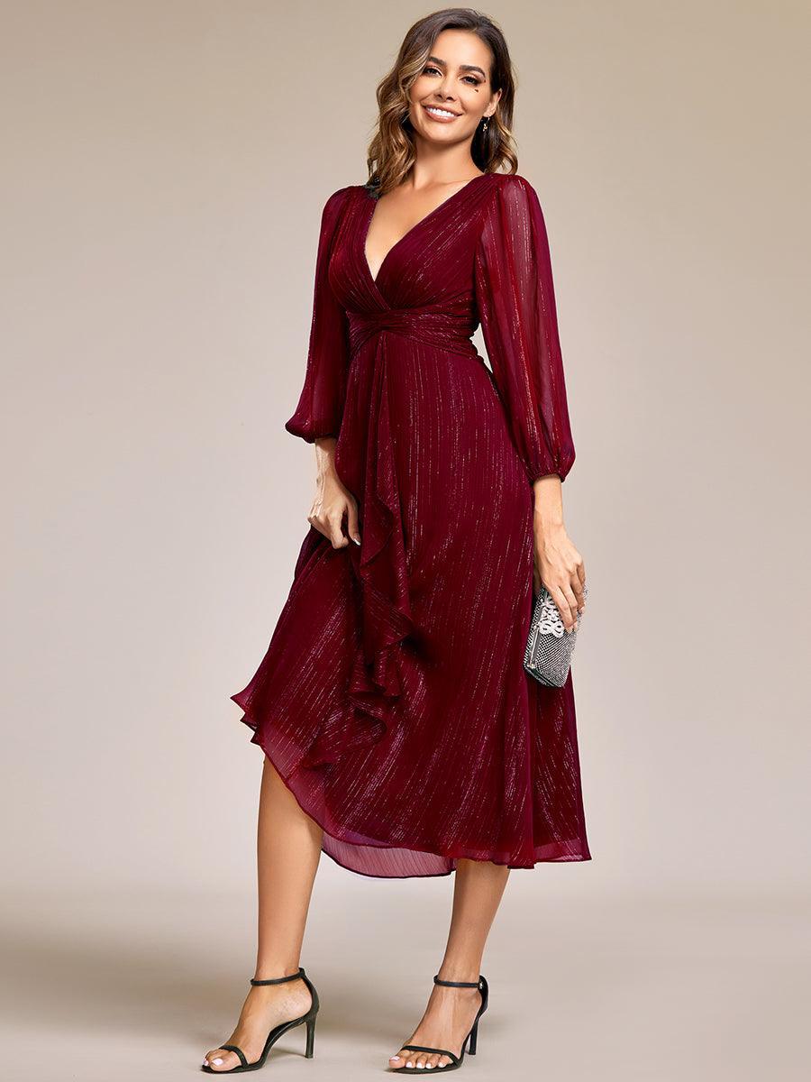 Robe de soirée trapèze scintillante à manches longues et col en V en mousseline de soie avec n?ud torsadé #Couleur_Bordeaux