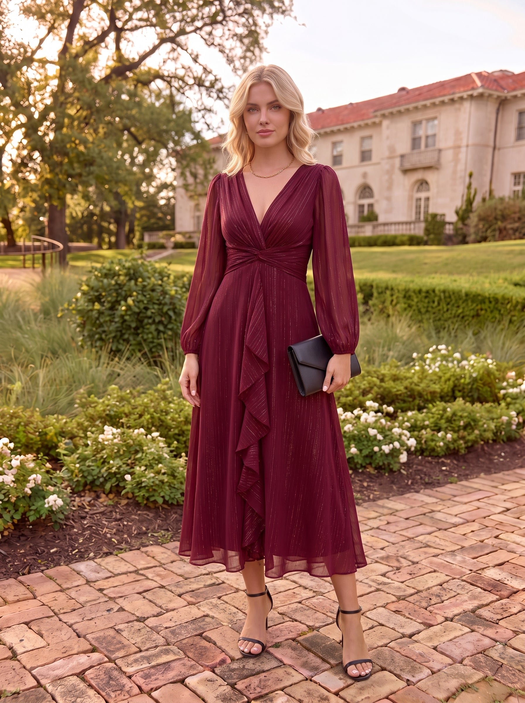 Robe de soirée trapèze scintillante à manches longues et col en V en mousseline de soie avec n?ud torsadé #Couleur_Bordeaux