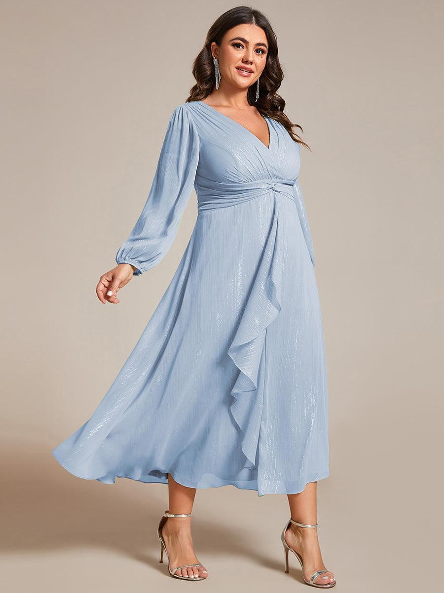 Robe de soirée trapèze scintillante à manches longues et col en V en mousseline de soie avec n?ud torsadé #Couleur_Bleu Ciel