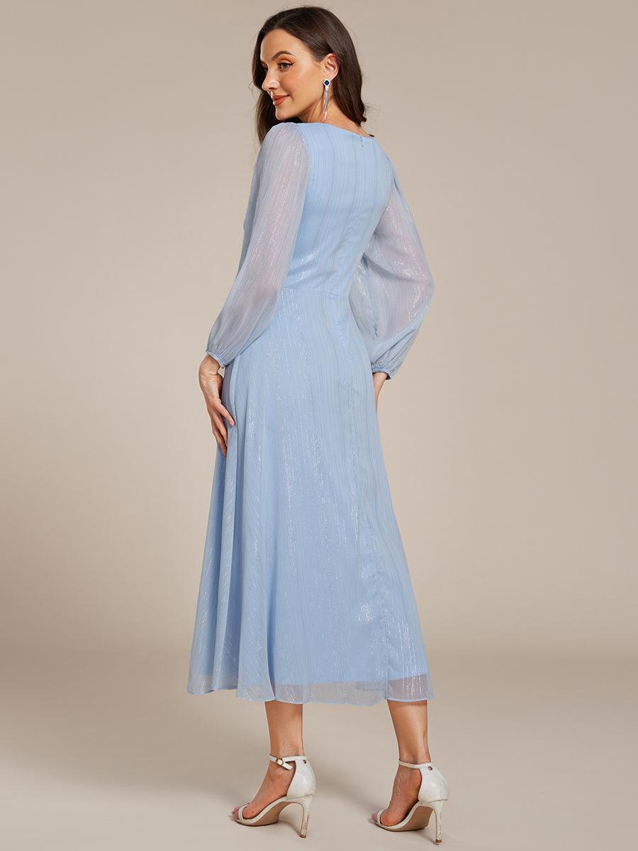 Robe de soirée trapèze scintillante à manches longues et col en V en mousseline de soie avec n?ud torsadé #Couleur_Bleu Ciel