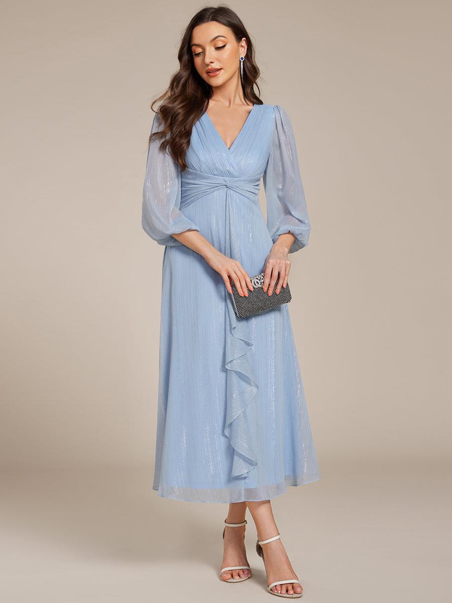 Robe de soirée trapèze scintillante à manches longues et col en V en mousseline de soie avec n?ud torsadé #Couleur_Bleu Ciel