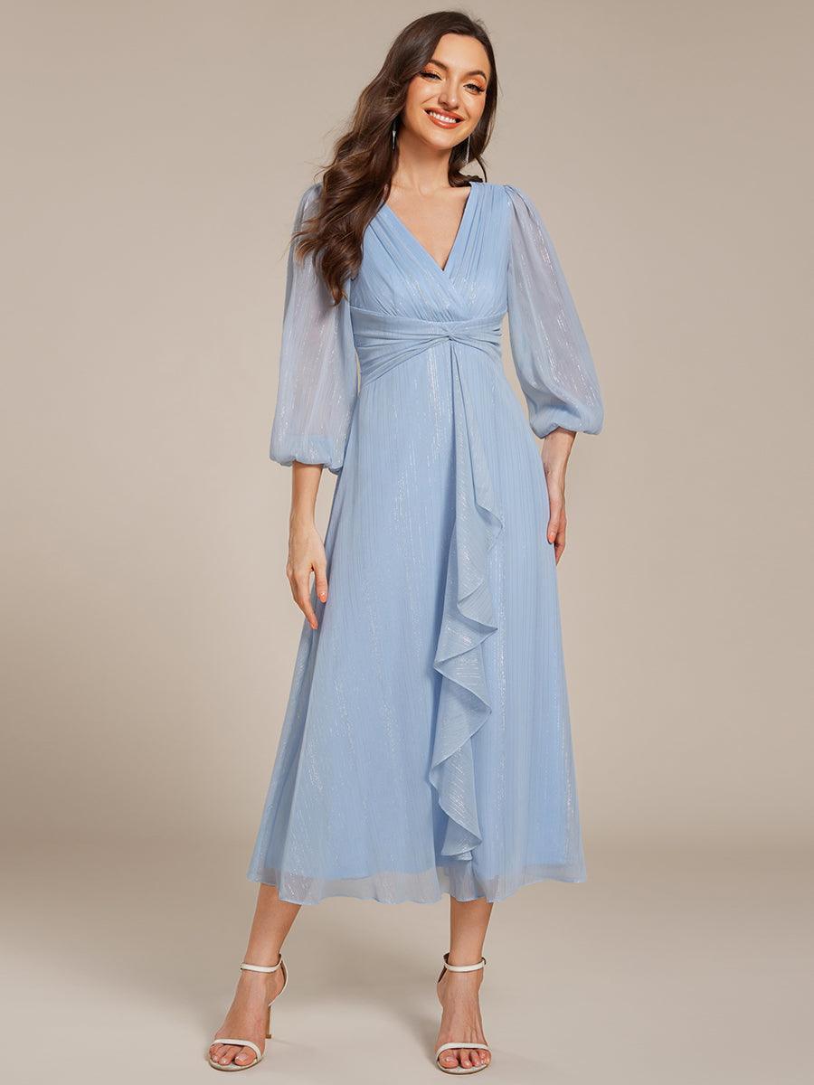 Robe de soirée trapèze scintillante à manches longues et col en V en mousseline de soie avec n?ud torsadé #Couleur_Bleu Ciel