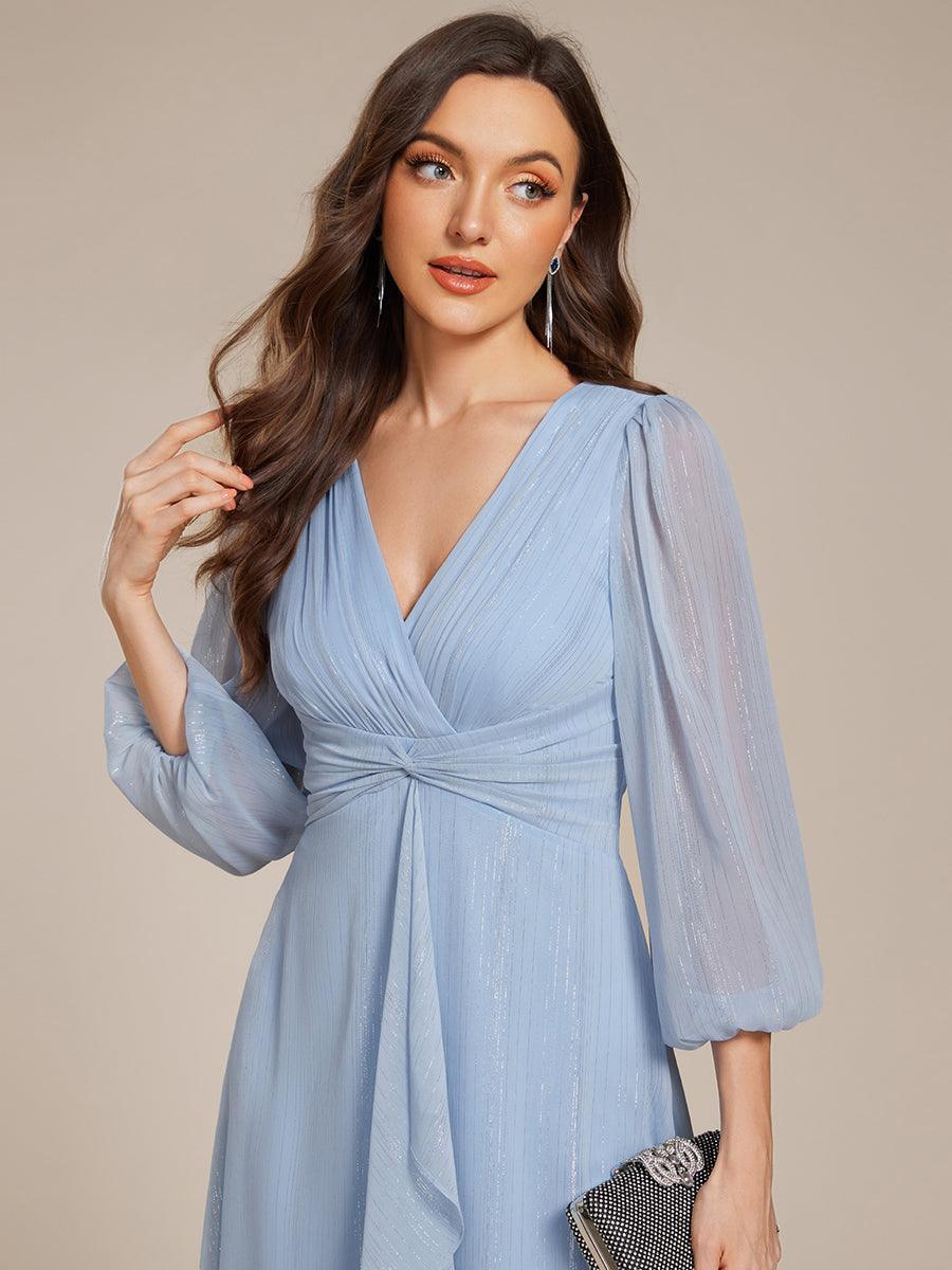 Robe de soirée trapèze scintillante à manches longues et col en V en mousseline de soie avec n?ud torsadé #Couleur_Bleu Ciel