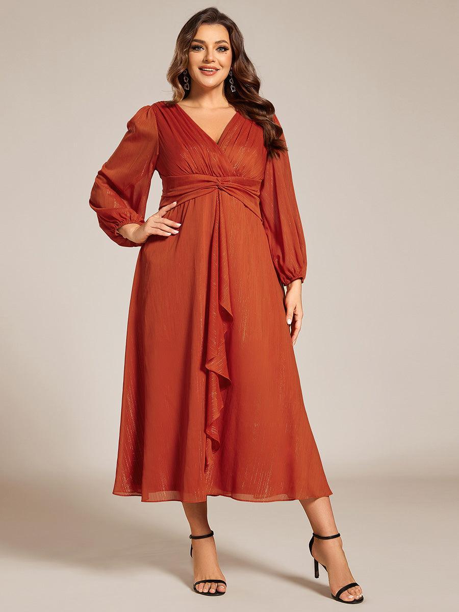 Robe de soirée trapèze scintillante à manches longues et col en V en mousseline de soie avec n?ud torsadé #Couleur_Burnt Orange