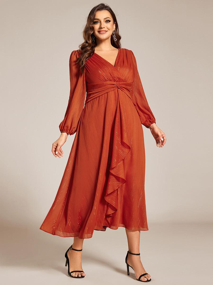 Robe de soirée trapèze scintillante à manches longues et col en V en mousseline de soie avec n?ud torsadé #Couleur_Burnt Orange