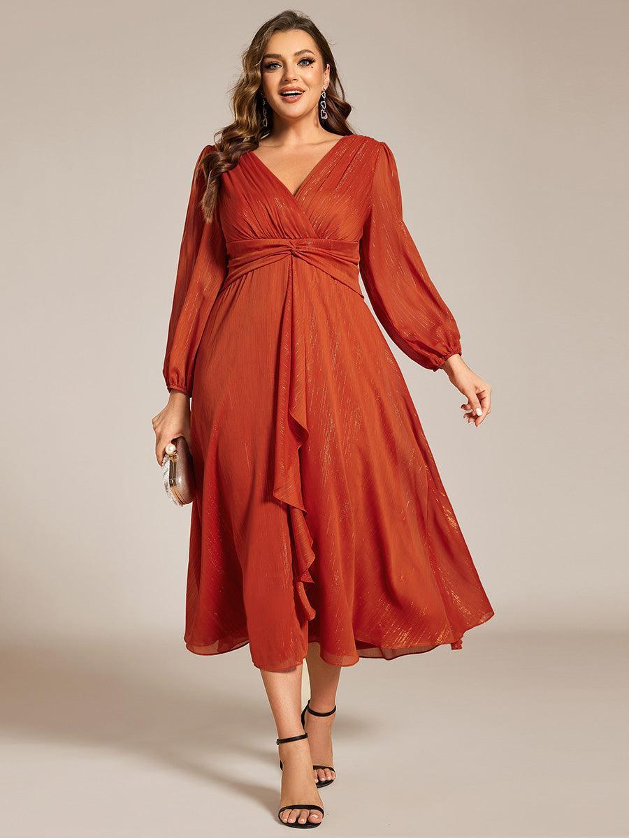 Robe de soirée trapèze scintillante à manches longues et col en V en mousseline de soie avec n?ud torsadé #Couleur_Burnt Orange