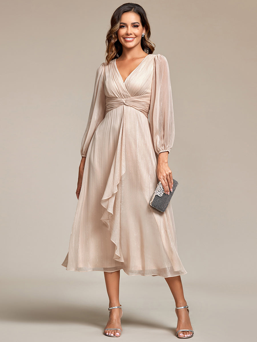 Robe de soirée trapèze scintillante à manches longues et col en V en mousseline de soie avec n?ud torsadé #Couleur_Charbon