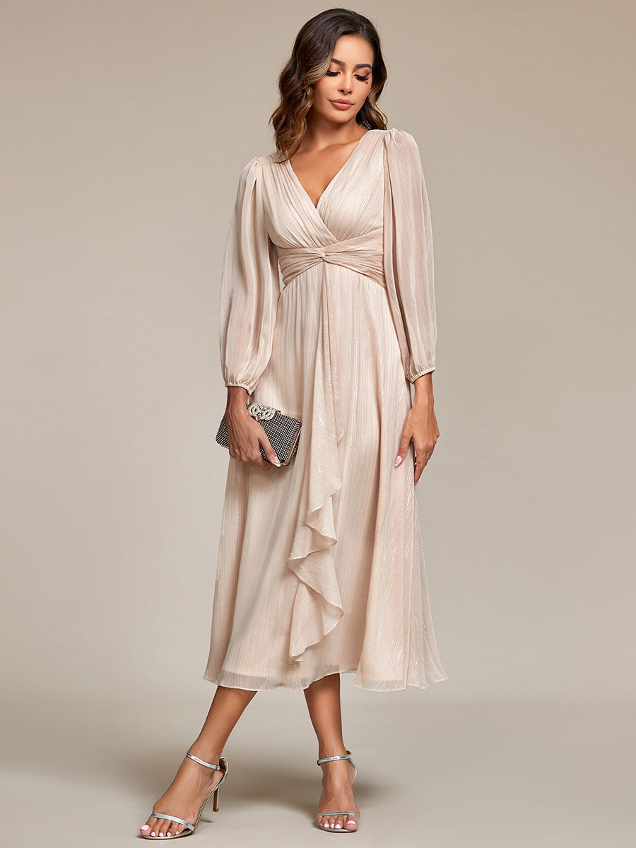 Robe de soirée trapèze scintillante à manches longues et col en V en mousseline de soie avec n?ud torsadé #Couleur_Charbon