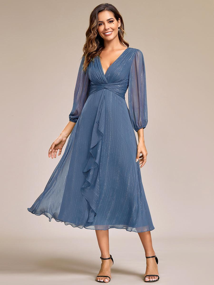 Robe de soirée trapèze scintillante à manches longues et col en V en mousseline de soie avec n?ud torsadé #Couleur_Marine Fume