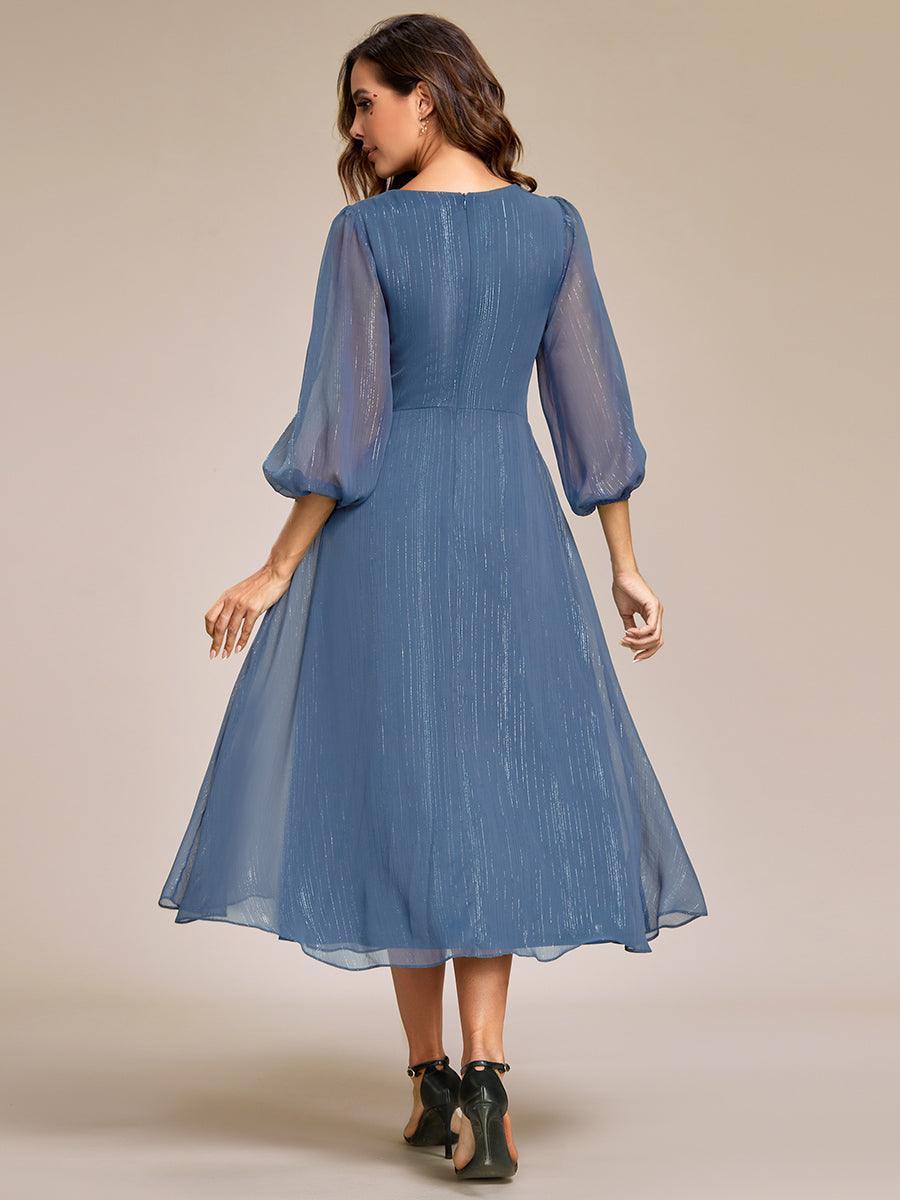 Robe de soirée trapèze scintillante à manches longues et col en V en mousseline de soie avec n?ud torsadé #Couleur_Marine Fume