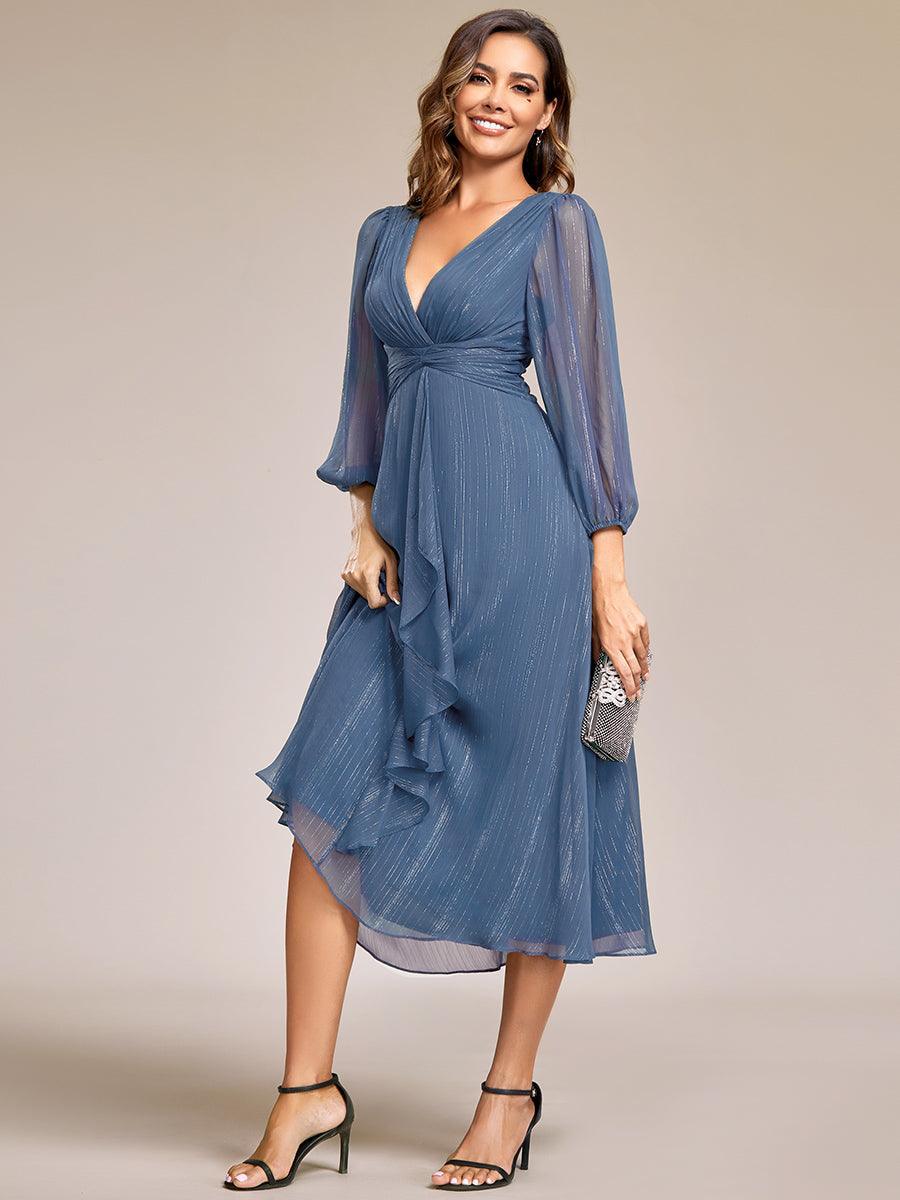 Robe de soirée trapèze scintillante à manches longues et col en V en mousseline de soie avec n?ud torsadé #Couleur_Marine Fume