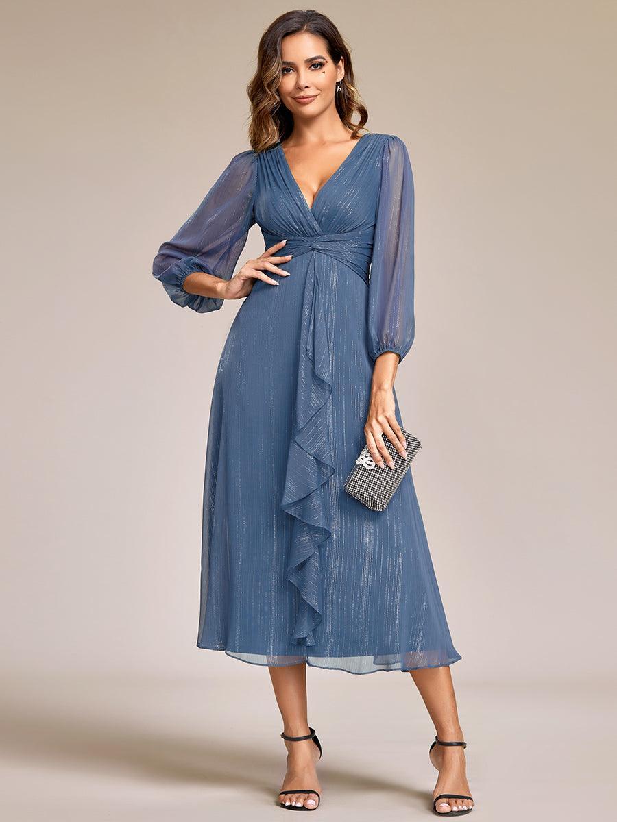 Robe de soirée trapèze scintillante à manches longues et col en V en mousseline de soie avec n?ud torsadé #Couleur_Marine Fume