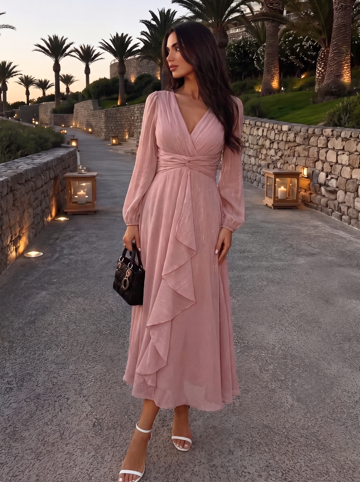 Robe de soirée trapèze scintillante à manches longues et col en V en mousseline de soie avec n?ud torsadé #Couleur_Rose