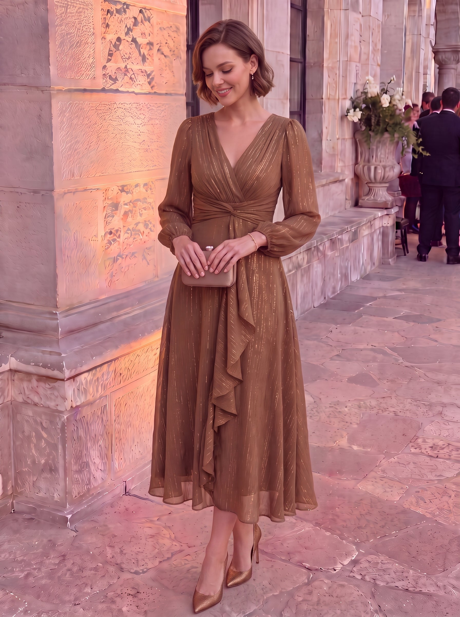 Robe de soirée trapèze scintillante à manches longues et col en V en mousseline de soie avec n?ud torsadé #Couleur_Empereur