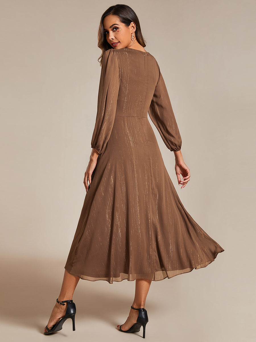 Robe de soirée trapèze scintillante à manches longues et col en V en mousseline de soie avec n?ud torsadé #Couleur_Empereur