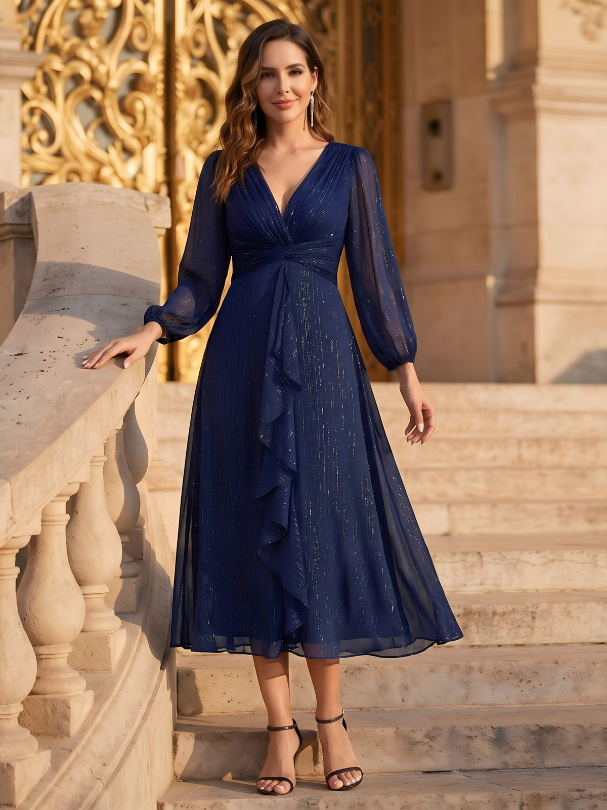 Robe de soirée trapèze scintillante à manches longues et col en V en mousseline de soie avec n?ud torsadé #Couleur_Bleu Marine