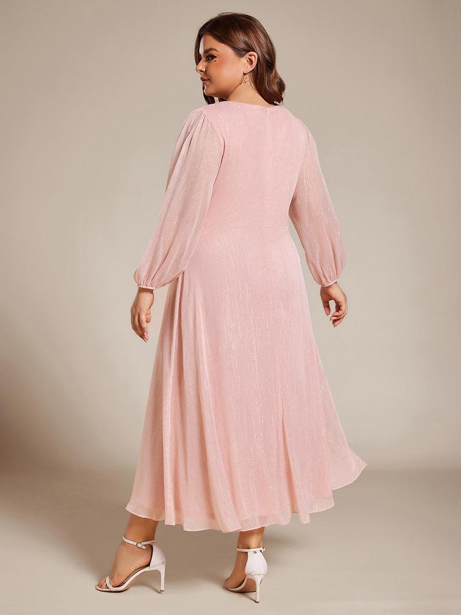 Grande taille Robe de soirée trapèze scintillante à manches longues et col en V en mousseline de soie avec n?ud torsadé #Couleur_Rose