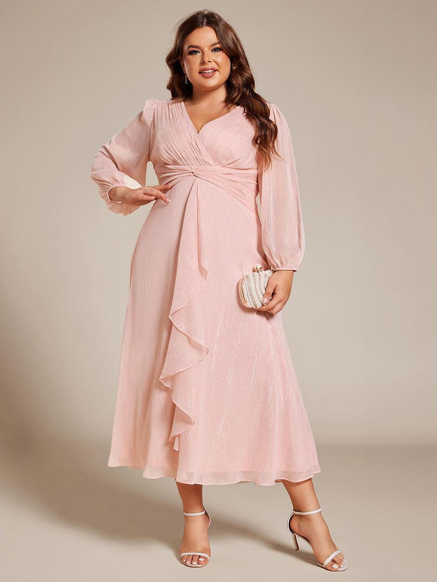Grande taille Robe de soirée trapèze scintillante à manches longues et col en V en mousseline de soie avec n?ud torsadé #Couleur_Rose