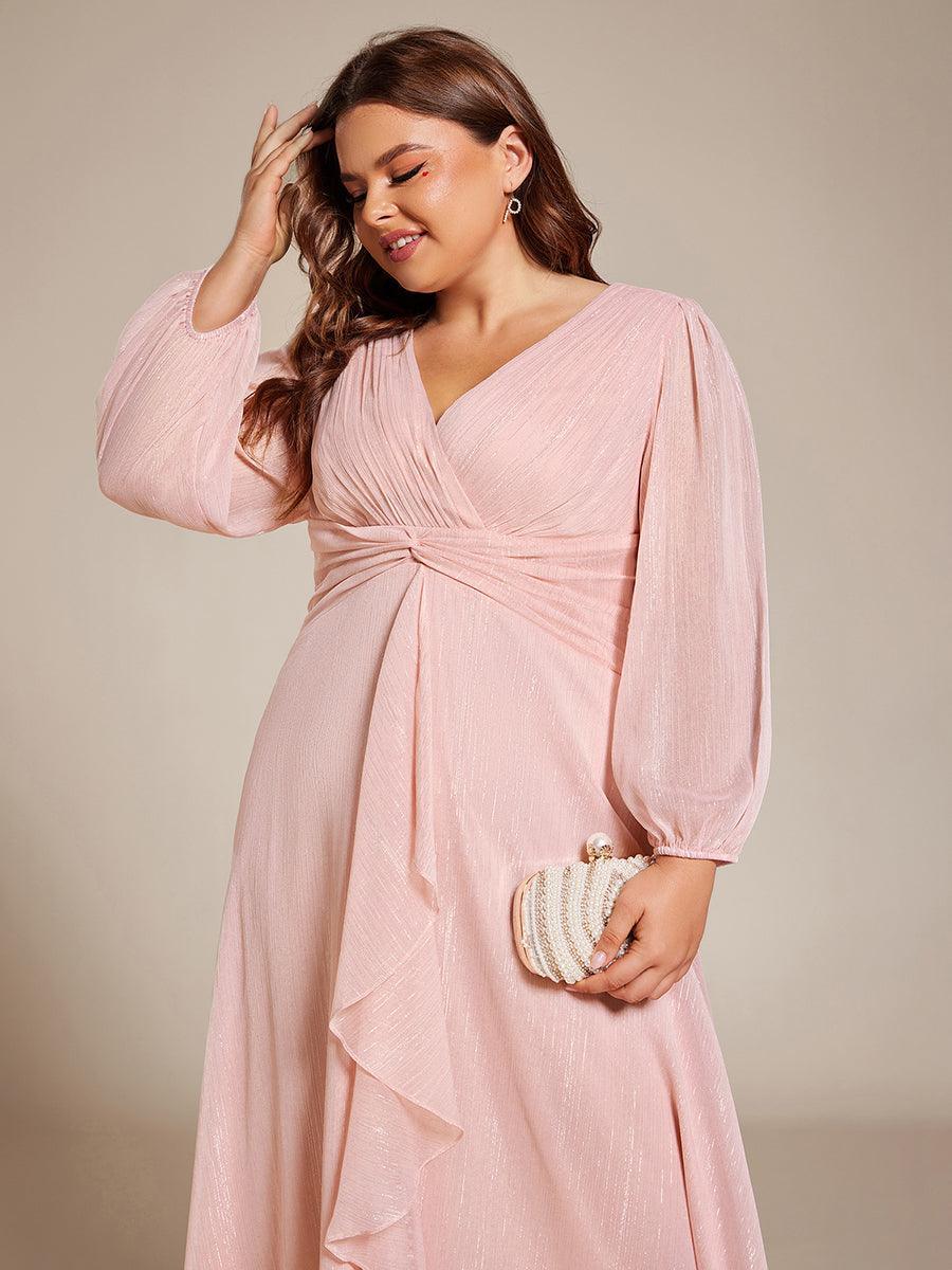 Grande taille Robe de soirée trapèze scintillante à manches longues et col en V en mousseline de soie avec n?ud torsadé #Couleur_Rose