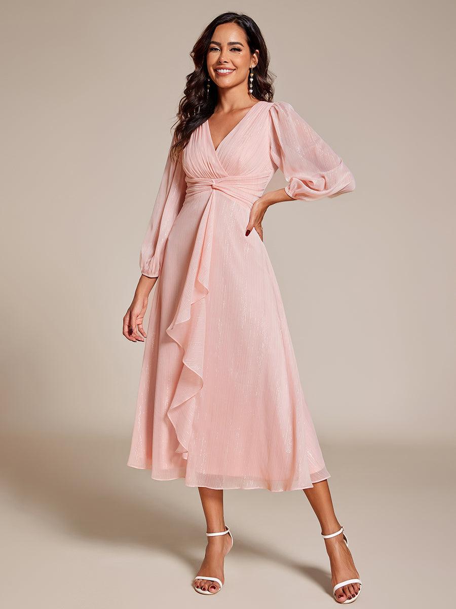 Robe de soirée trapèze scintillante à manches longues et col en V en mousseline de soie avec n?ud torsadé #Couleur_Rose
