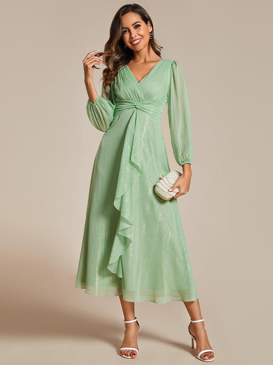 Robe de soirée trapèze scintillante à manches longues et col en V en mousseline de soie avec n?ud torsadé #Couleur_Vert d'été