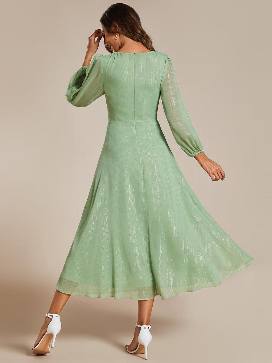 Robe de soirée trapèze scintillante à manches longues et col en V en mousseline de soie avec n?ud torsadé #Couleur_Vert d'été