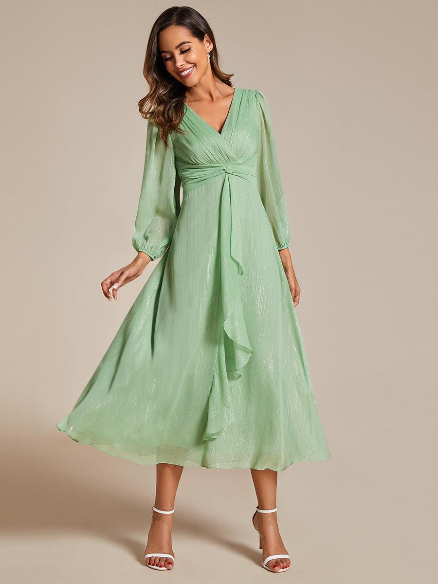Robe de soirée trapèze scintillante à manches longues et col en V en mousseline de soie avec n?ud torsadé #Couleur_Vert d'été