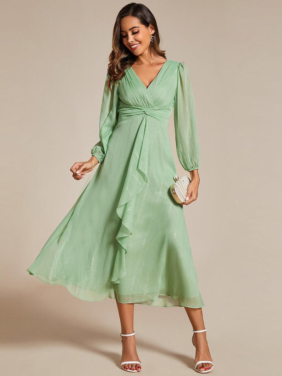 Robe de soirée trapèze scintillante à manches longues et col en V en mousseline de soie avec n?ud torsadé #Couleur_Vert d'été
