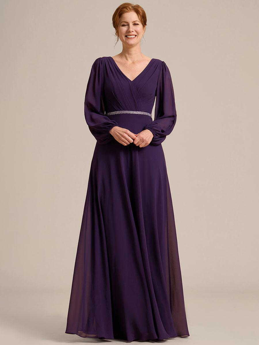 Robe de soirée plissée en mousseline de soie double col en V manches longues ceinture brillante #Couleur_Violet Fonce