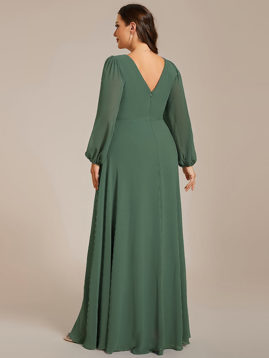 Grande Taille Robe de soirée plissée en mousseline de soie double col en V manches longues ceinture brillante #Couleur_Eucalyptus