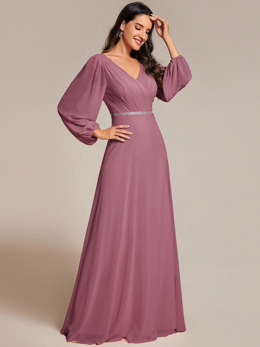 Robe de soirée plissée en mousseline de soie double col en V manches longues ceinture brillante #Couleur_Orchidee