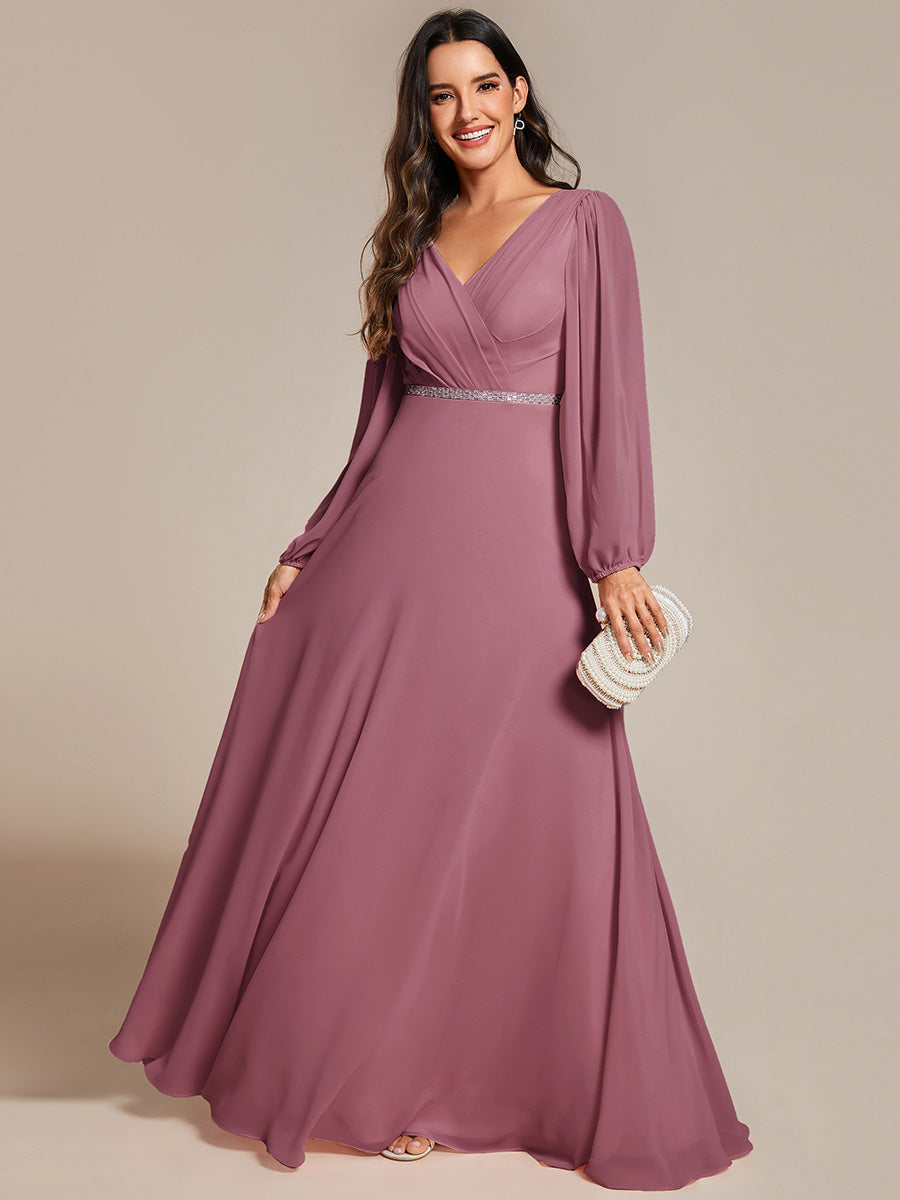 Robe de soirée plissée en mousseline de soie double col en V manches longues ceinture brillante #Couleur_Orchidee