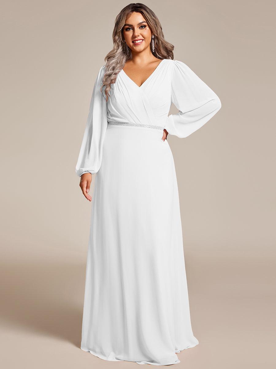 Robe de soirée plissée en mousseline de soie double col en V manches longues ceinture brillante #Couleur_Blanc