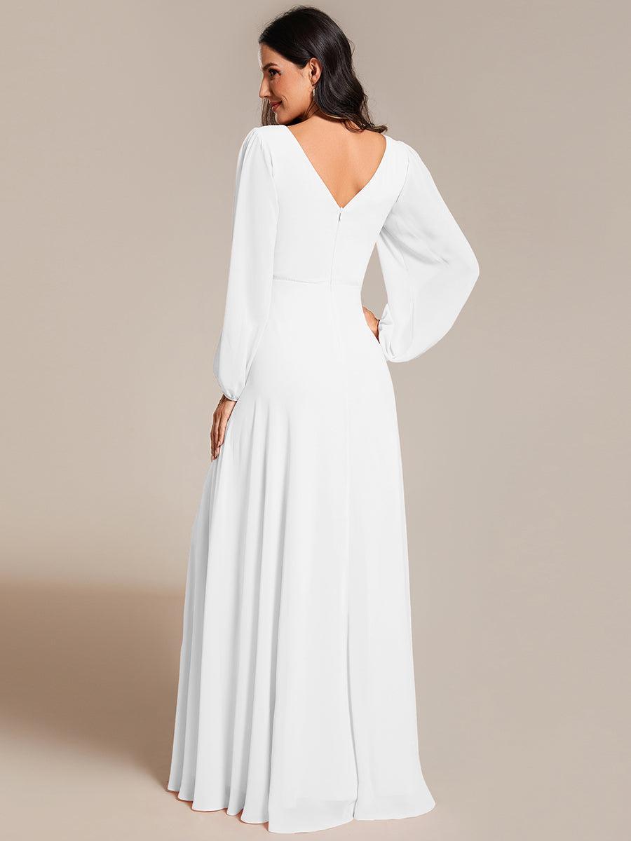 Robe de soirée plissée en mousseline de soie double col en V manches longues ceinture brillante #Couleur_Blanc