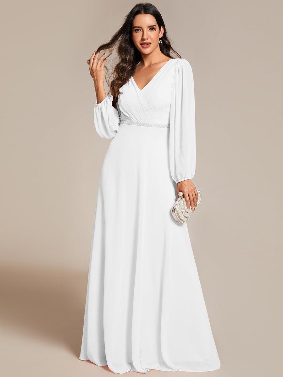 Robe de soirée plissée en mousseline de soie double col en V manches longues ceinture brillante #Couleur_Blanc