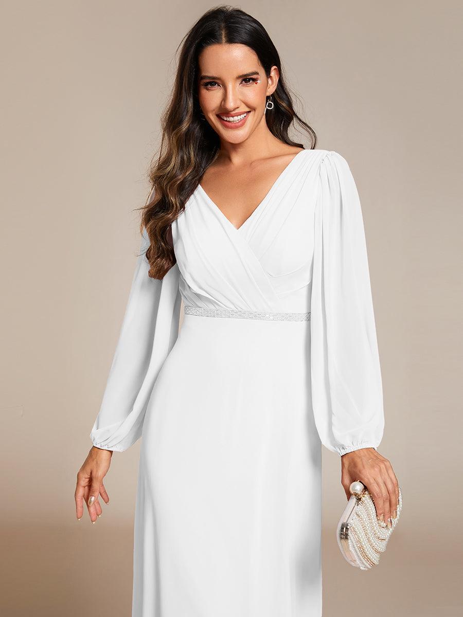 Robe de soirée plissée en mousseline de soie double col en V manches longues ceinture brillante #Couleur_Blanc