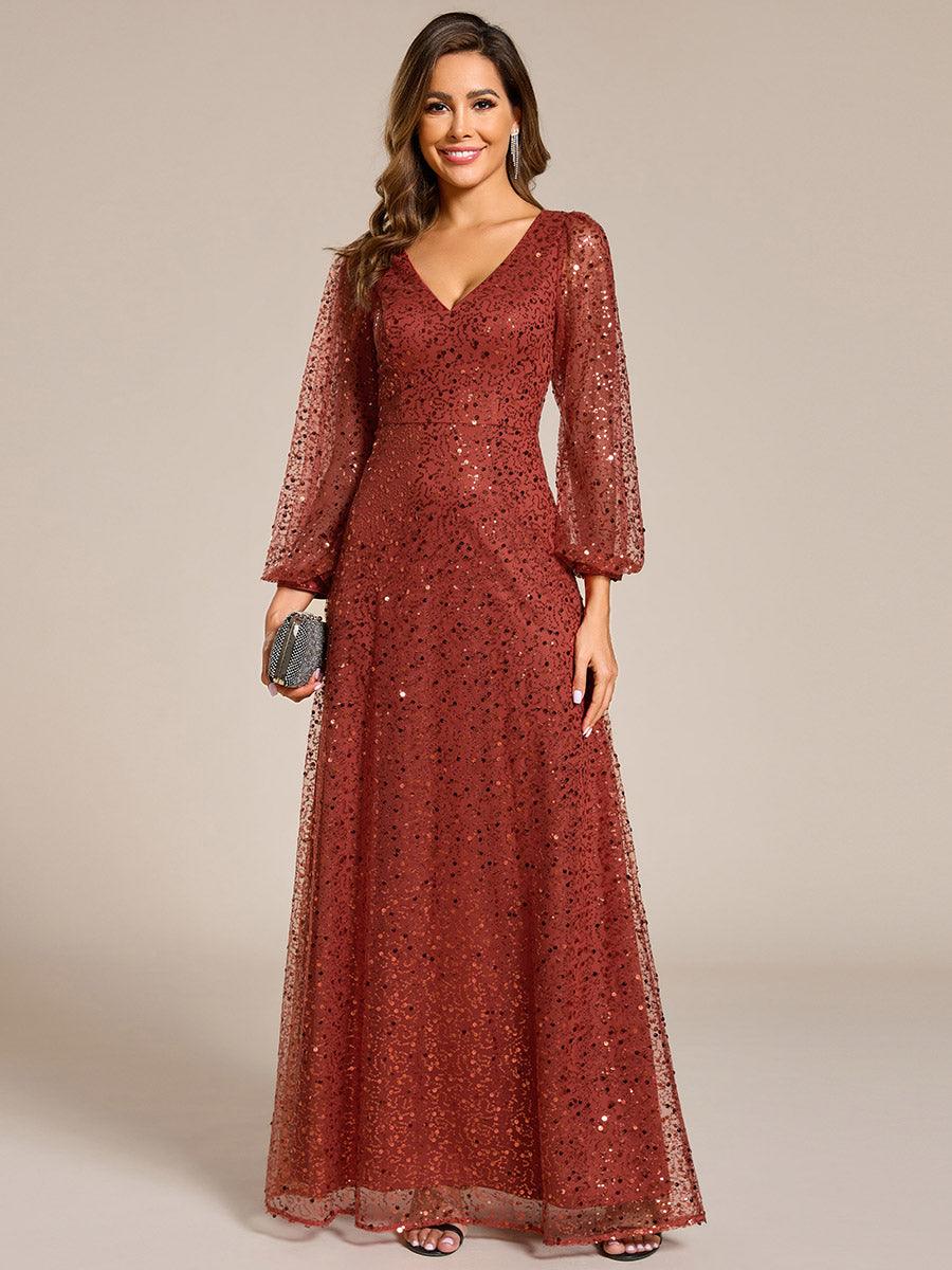 Robe de soirée trapèze à paillettes col en V manches longues et paillettes #Couleur_Orange Brûlée