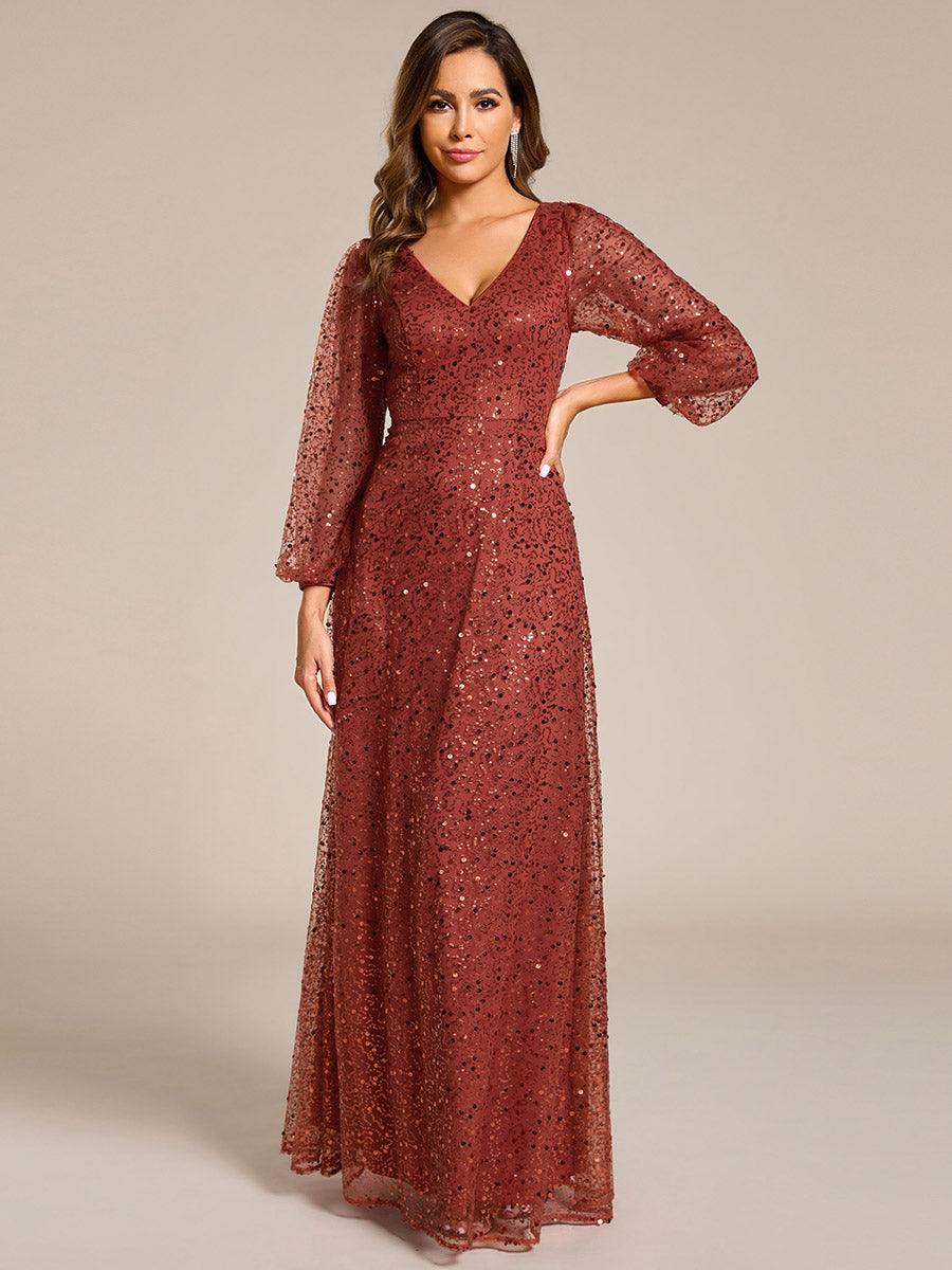 Robe de soirée trapèze à paillettes col en V manches longues et paillettes #Couleur_Orange Brûlée