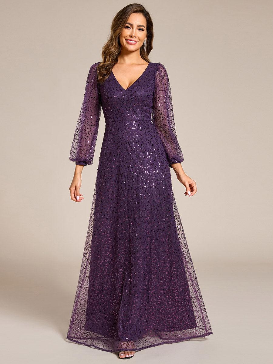 Robe de soirée trapèze à paillettes col en V manches longues et paillettes #Couleur_Violet Fonce
