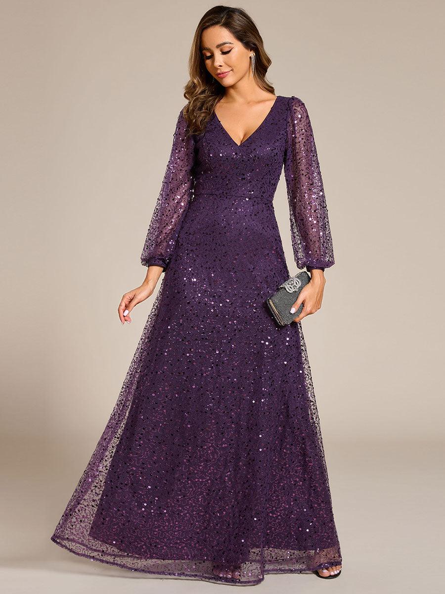 Robe de soirée trapèze à paillettes col en V manches longues et paillettes #Couleur_Violet Fonce